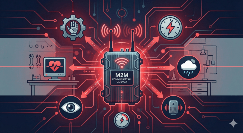 Grafica con gateway di comunicazione M2M al centro e vari dispositivi connessi, simbolo delle soluzioni Vodafone SIM M2M per abilitare la comunicazione tra macchine e ottimizzare i processi aziendali tramite IoT.