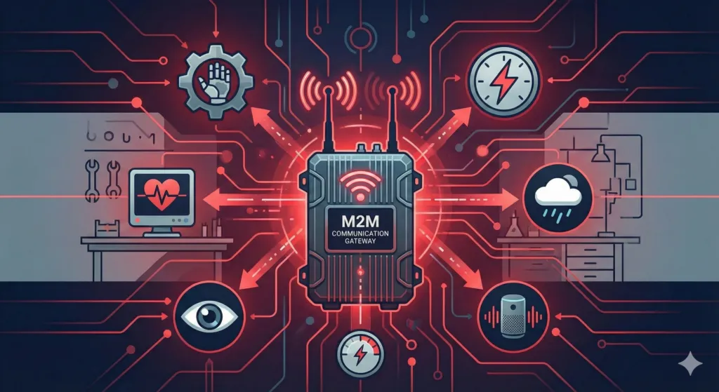 Grafica con gateway di comunicazione M2M al centro e vari dispositivi connessi, simbolo delle soluzioni Vodafone SIM M2M per abilitare la comunicazione tra macchine e ottimizzare i processi aziendali tramite IoT.